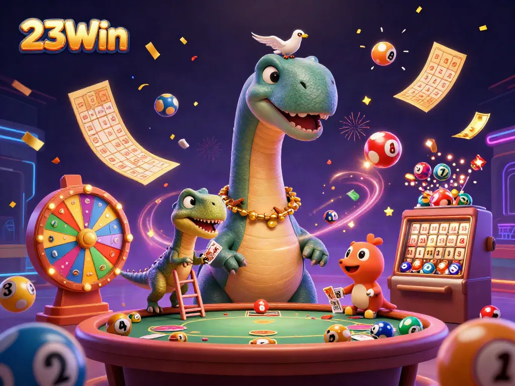Engage with the vibrant 23Win casino scene featuring a whimsical cartoon brontosaurus amid sparkling lottery elements.