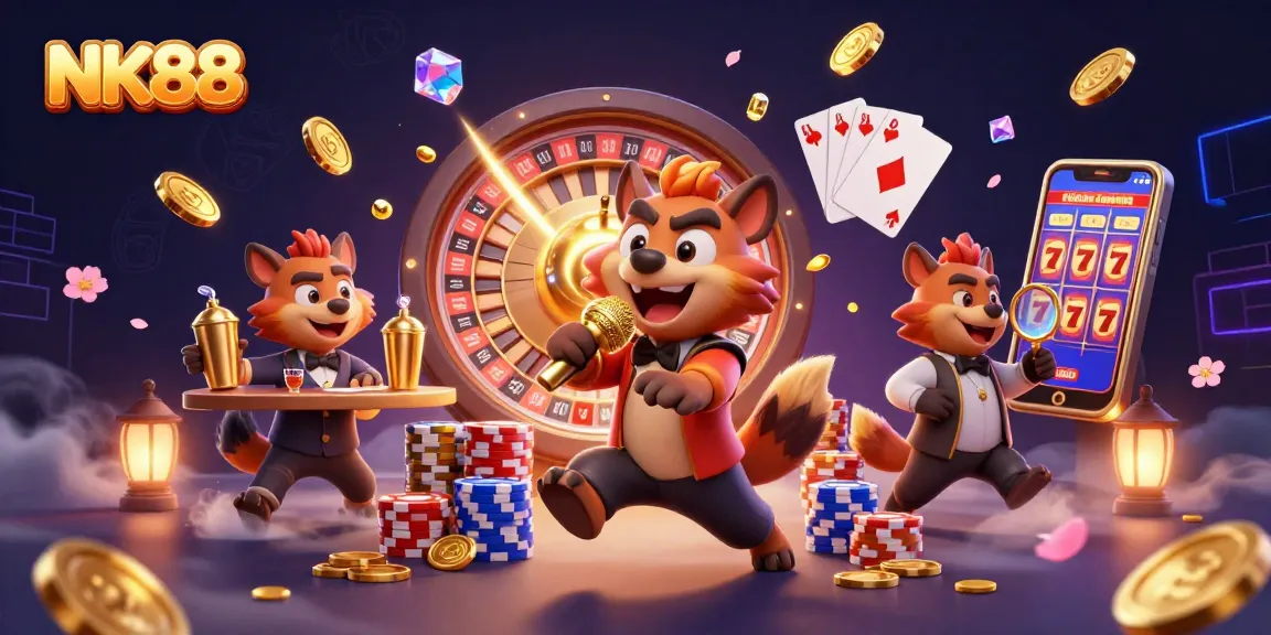 Experience thrilling games at NK88 while hyenas entertain in a vibrant casino club atmosphere.
