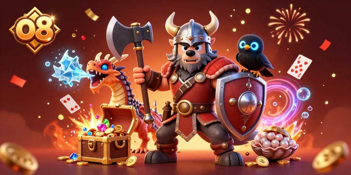 Experience thrilling gameplay at o8 with engaging characters and vibrant casino elements surrounding the Viking wolf warrior.