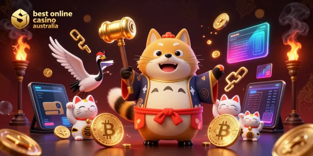 Experience the excitement at the best online casino Australia with a vibrant 3D scene featuring charming characters and crypto elements.