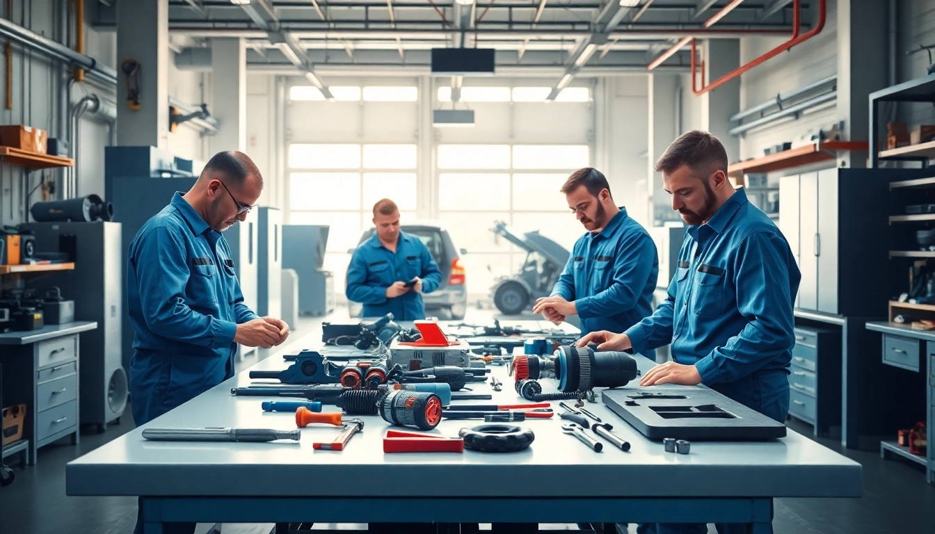 Technicians providing equipment service in a workshop with modern machinery.