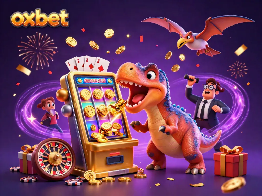 Experience jackpot excitement at Oxbet with pachycephalosaurus, golden coins, and casino elements.