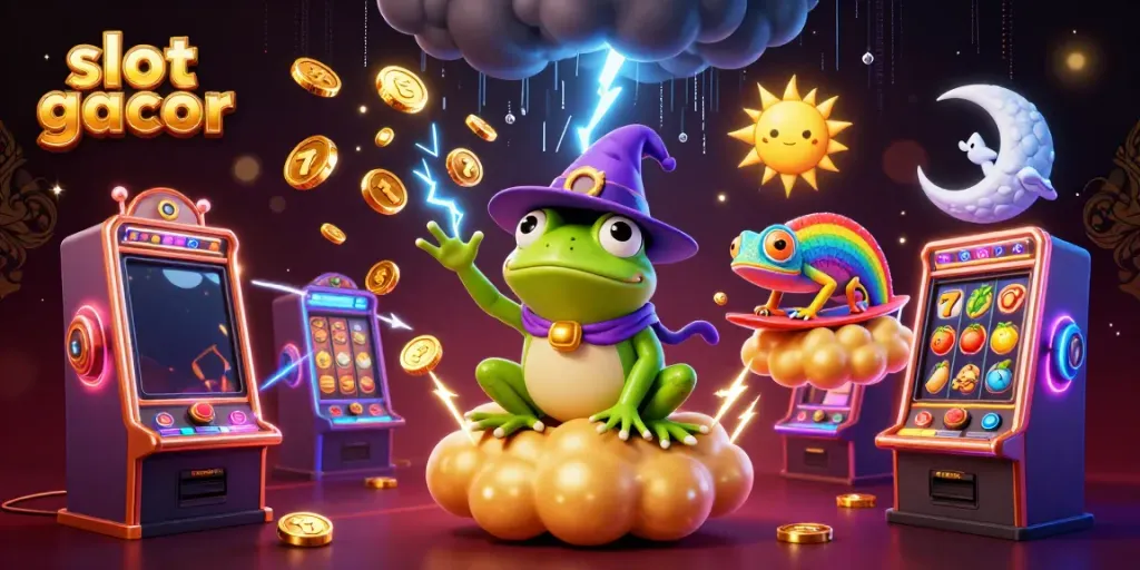 Mendorong slot gacor dengan jackpot dan karakter ajaib dalam ilustrasi kasino yang penuh warna.