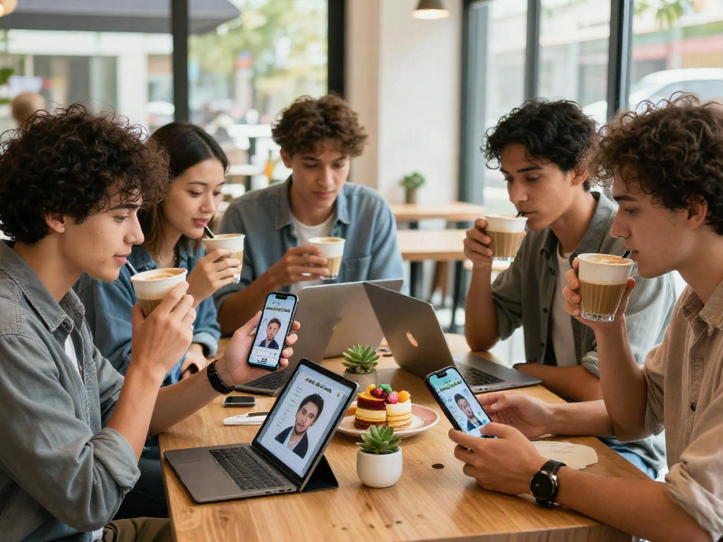 The application showing how old do I look being used by friends at a café, reflecting a fun and social atmosphere.