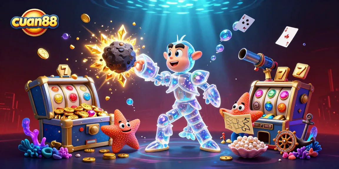 Experience the excitement of cuan88 with a galactic samurai shrimp amidst slot reels and treasure!
