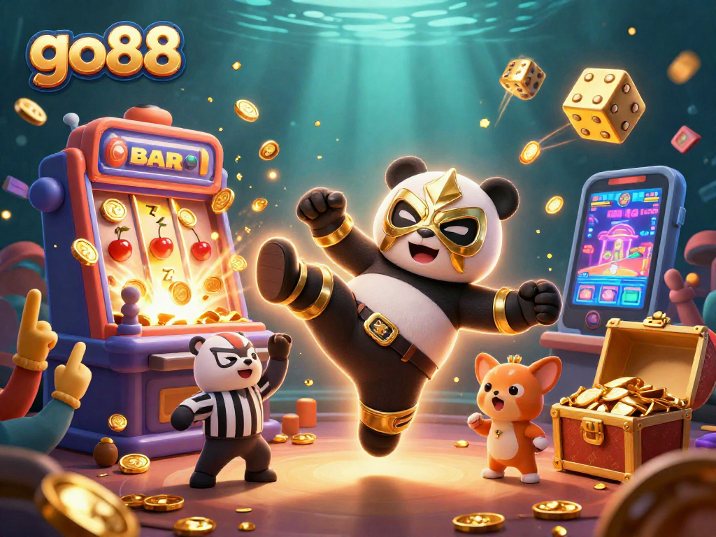 Experience the excitement of go88 with cartoon wrestlers, slots, and vibrant casino energy.