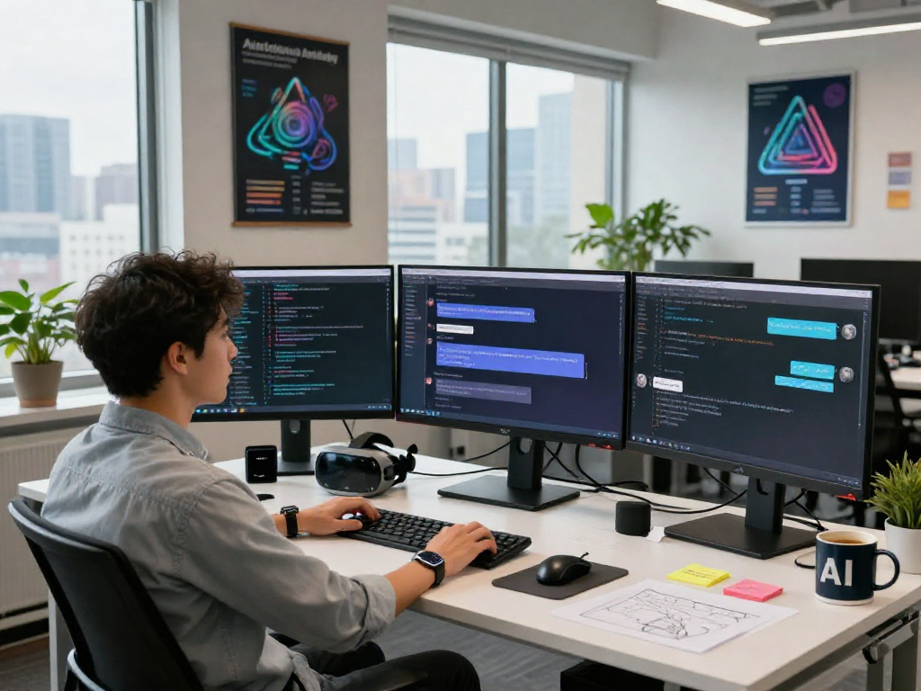 Engaged AI developer showcasing spicy chat ai features in a modern tech workspace.