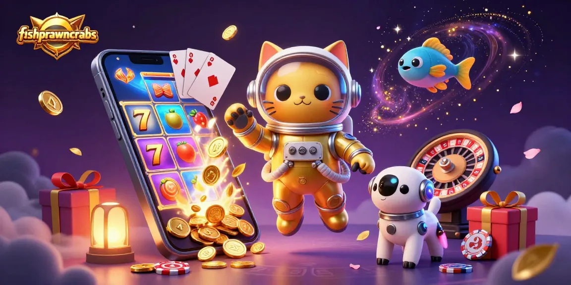 Experience the excitement of fishprawncrabs as a golden astronaut cat and robot dog navigate a vibrant casino universe.