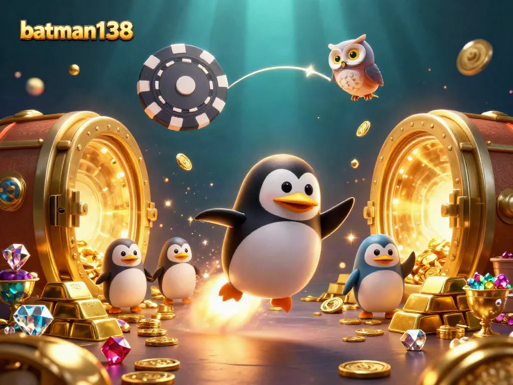 Join the action at batman138 with a golden penguin soaring towards gaming riches and casino excitement.