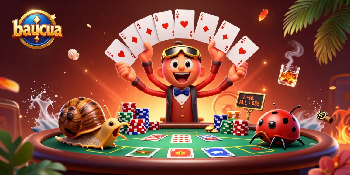 Engage in thrilling baucua gameplay with an exciting 3D casino scene featuring colorful poker elements.