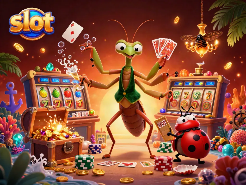 Slot memikat dengan karakter unik dalam ilustrasi kasino 3D yang penuh warna dan detail.