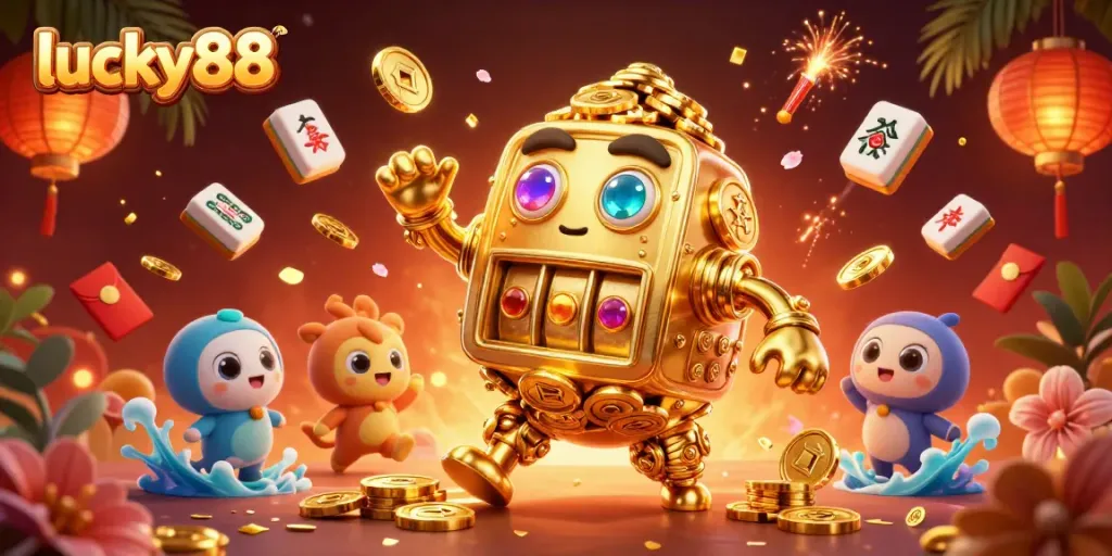Experience thrilling gameplay with lucky88’s casino elements, blending coins, lanterns, and a golden golem.