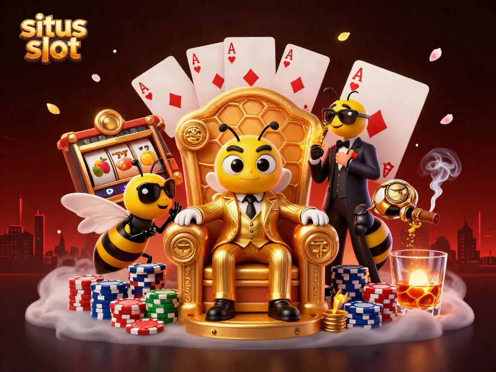 Ilustrasi 3D kartun situs slot dengan karakter bumblebee bos mafia dan elemen permainan