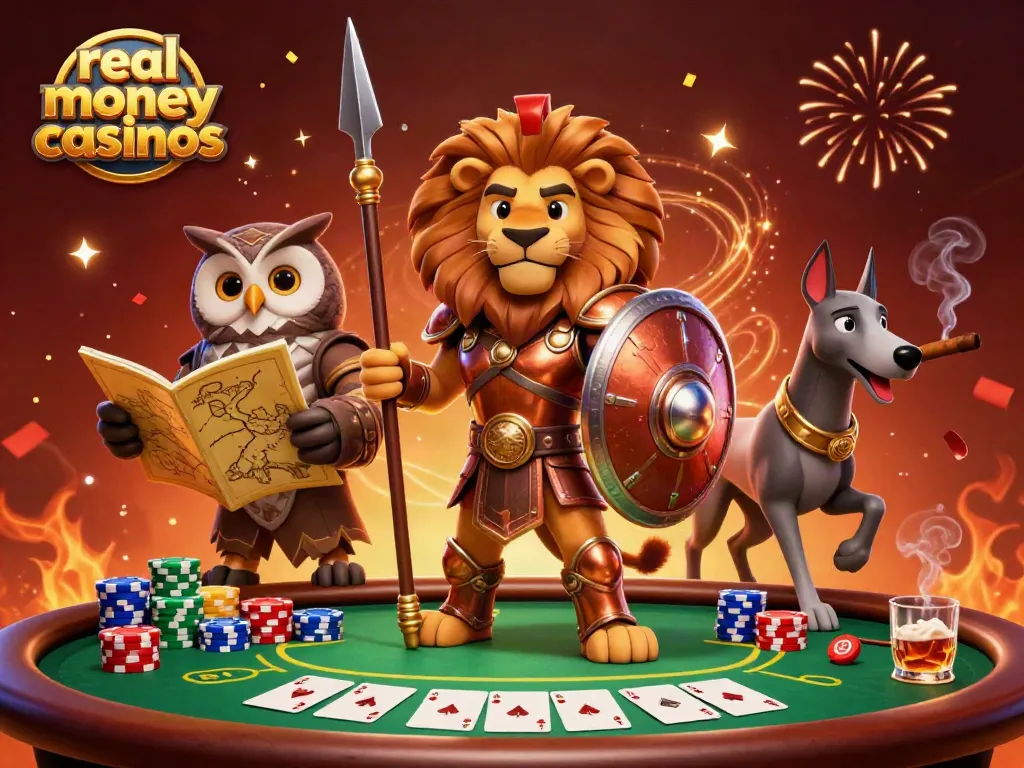 Experience thrilling real money casinos with our vibrant 3D casino illustration featuring poker elements and characters.