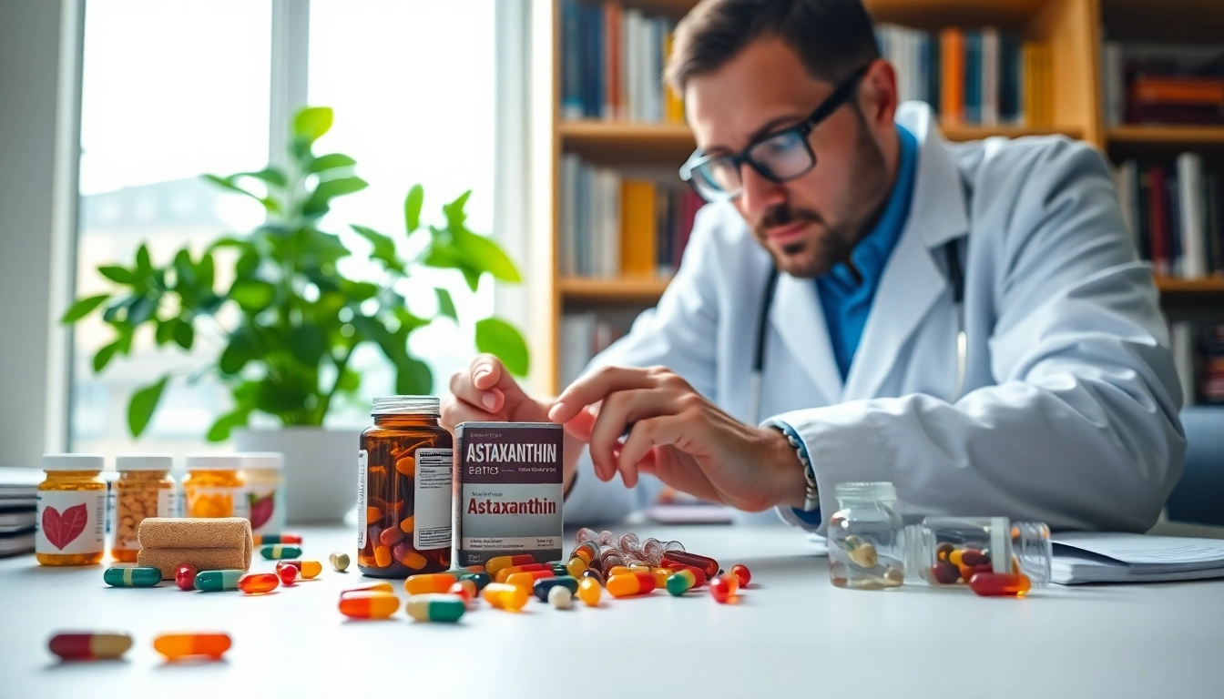 Illustration of a nutritionist evaluating astaxanthin dosage for adults with supplements and books.