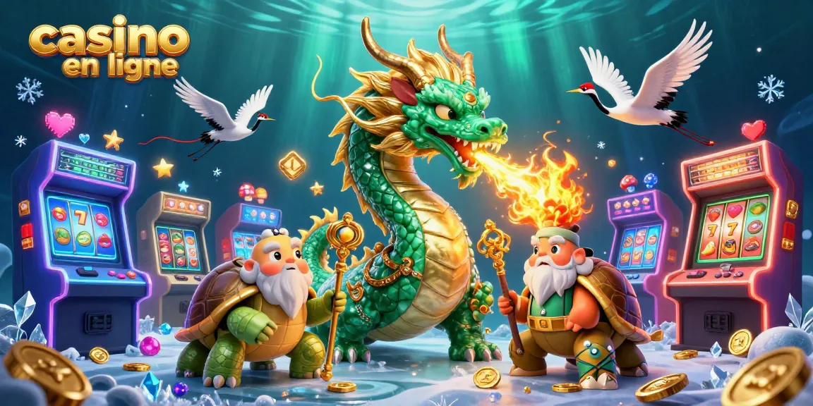 Jouez avec la magie du casino en ligne, illustré par un dragon jade émeraude et des machines à sous.