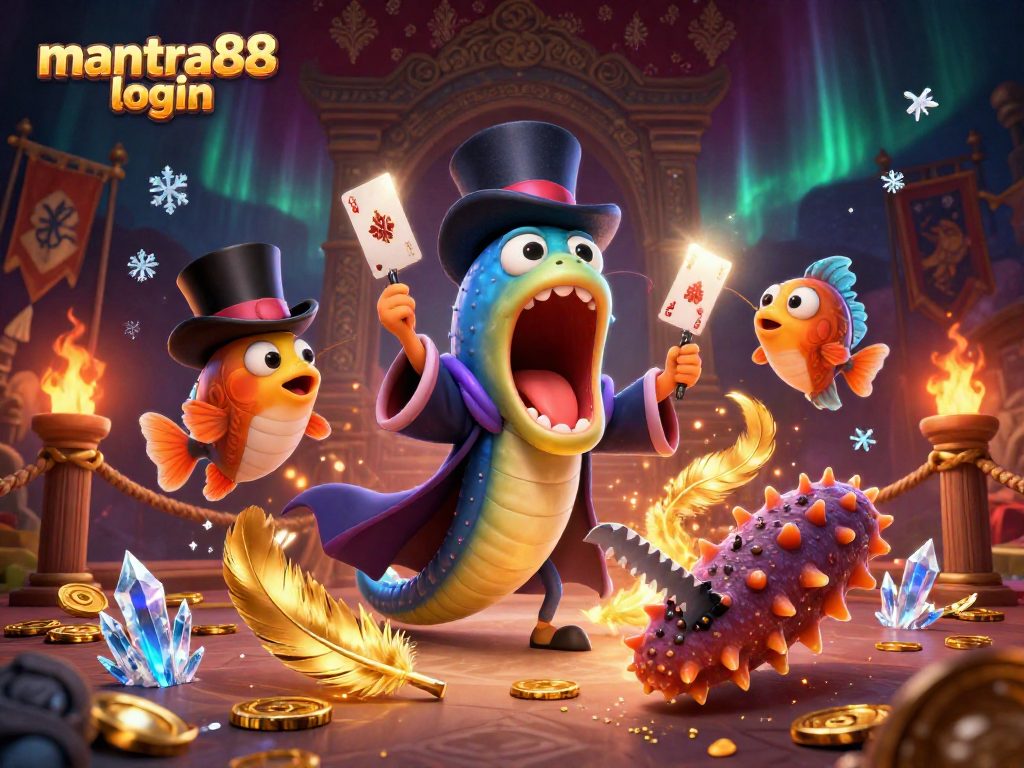 Experience the thrill of mantra88 login with an engaging illustration of a magical casino scene featuring deep-sea characters and dynamic game elements.