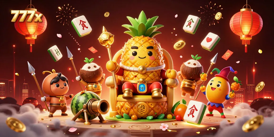 Bet on fun with 777x at an Asian online casino featuring a vibrant scene of a pineapple king and lively companions.