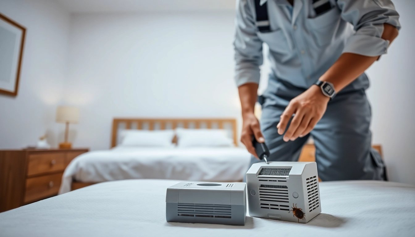 Effective bed bug removal depicted by a pest control technician treating a bedroom.