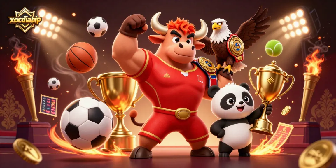 xocdiabip brings excitement as a bull mascot celebrates with a trophy and eagle in a vibrant casino scene.