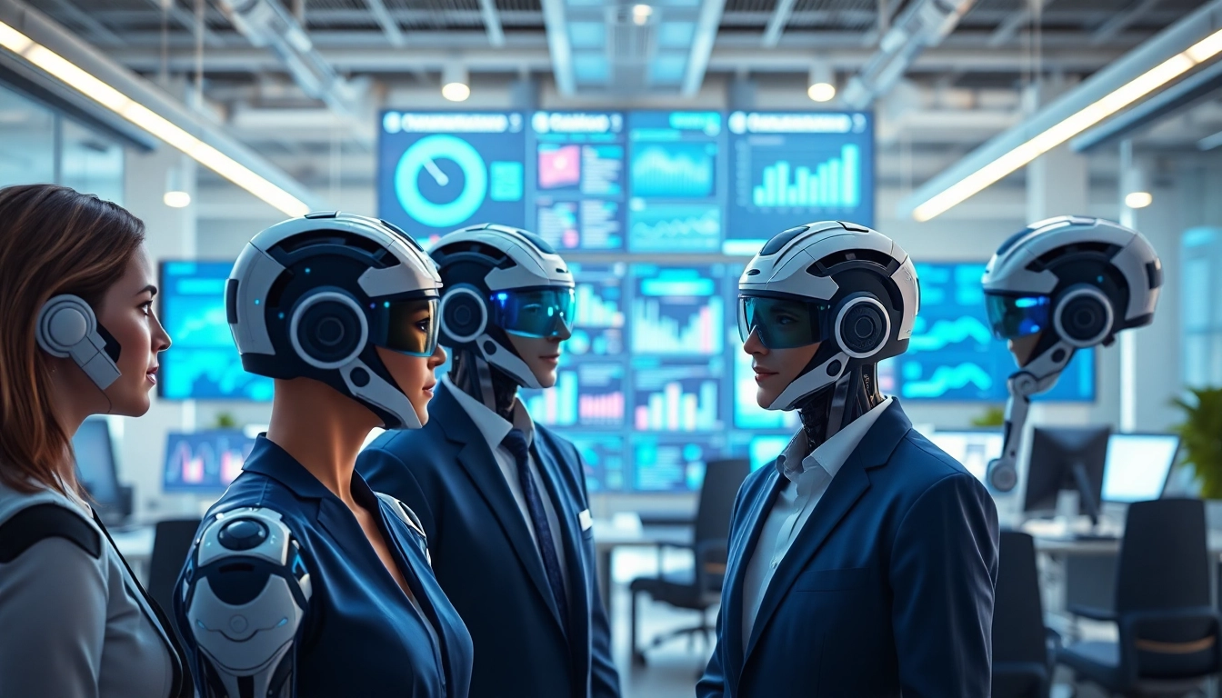 Dynamic AI agents collaborating in a modern office environment with high-tech interfaces.