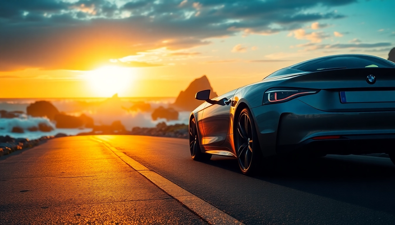Luxurious BMW car showcased against a stunning coastal sunset backdrop.