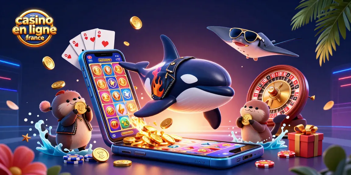 Visualisez le meilleur casino en ligne France avec un orque, une raie et des loutres flottant sur des pièces d'or.