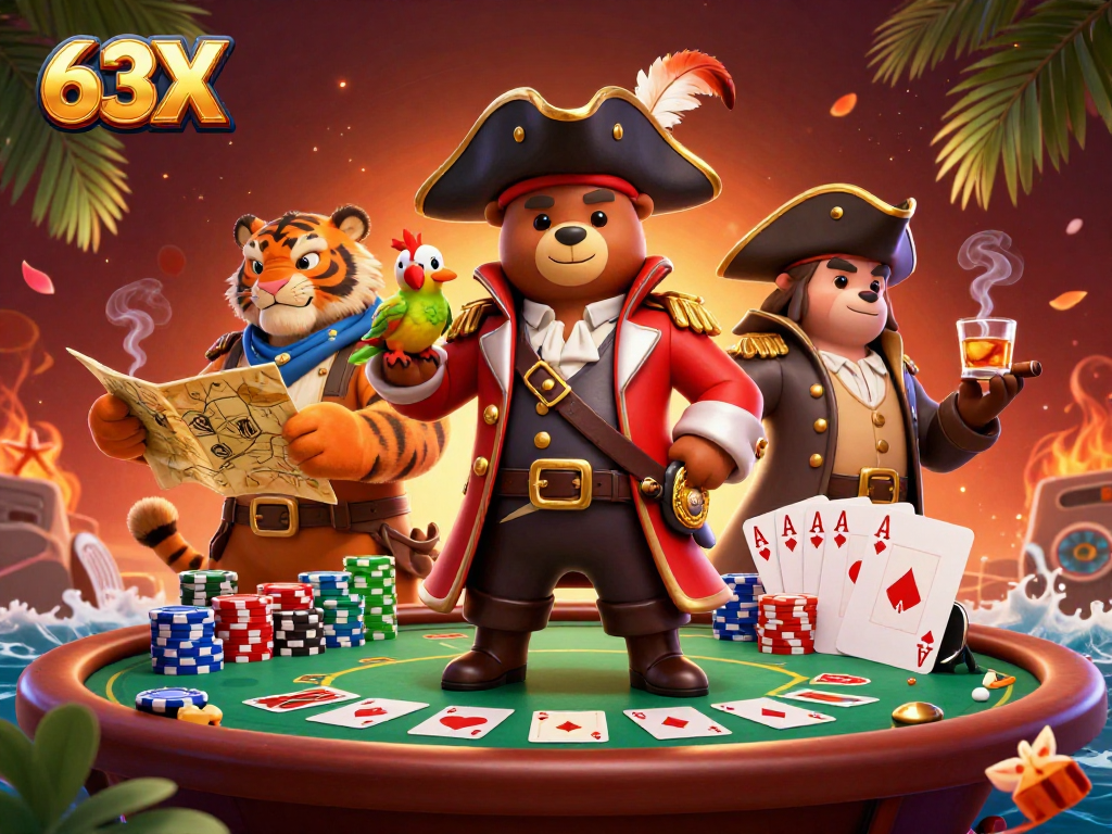 Aposte com 63X em uma cena vibrante com pirata e elementos de cassino, incluindo fichas e cartas.
