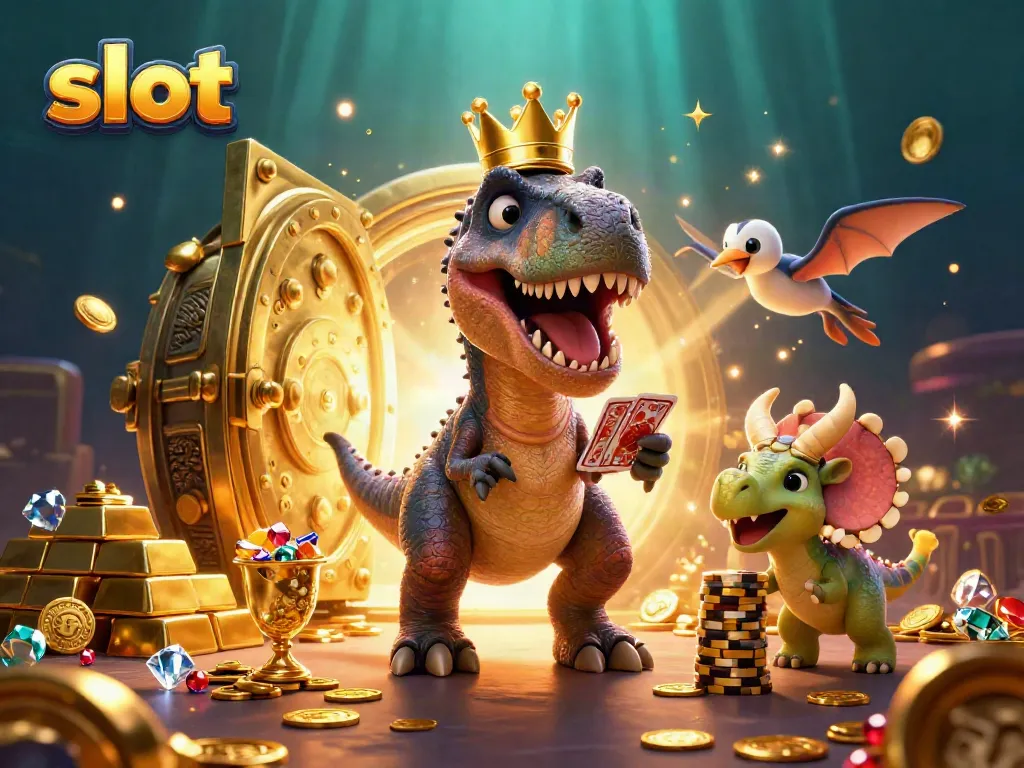 Engaging scene of a cartoon T-Rex and friends enjoying a lively slot game atmosphere with golden treasures around.