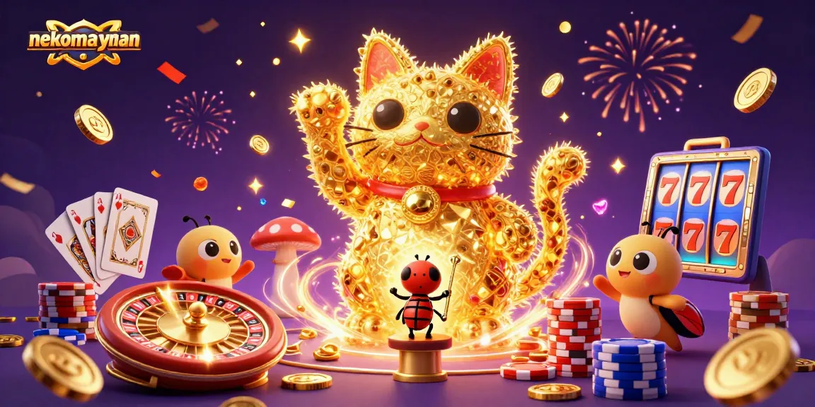 Experience the excitement of nekomayman with a vibrant illustration of a lucky cat and casino elements.