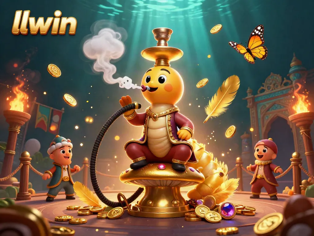 Experience llwin's vibrant 3D illustrated atmosphere of gaming fun, featuring a giant caterpillar hookah-master amidst casino symbols.
