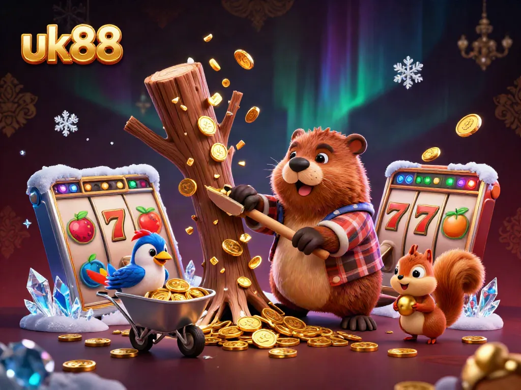 uk88 showcases a vibrant scene with cartoon characters and slot elements, celebrating online gambling excitement.