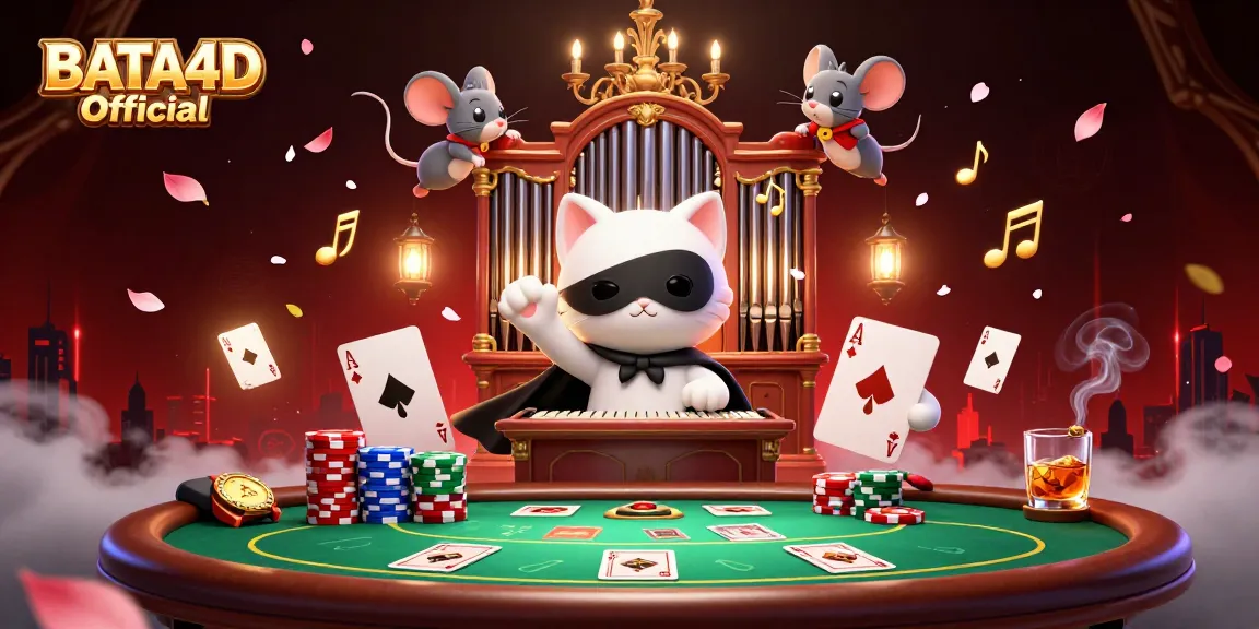 BATA4D Official showcases an exhilarating scene with a phantom cat at an ornate pipe organ, surrounded by vibrant casino elements.