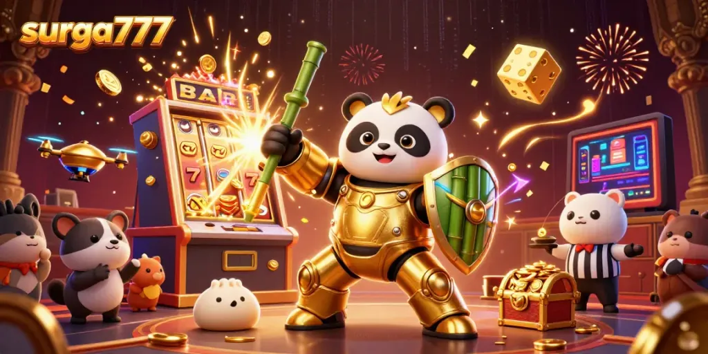 Experience thrilling gameplay at surga777 in this dynamic 3D casino illustration showcasing exciting slots and engaging characters.