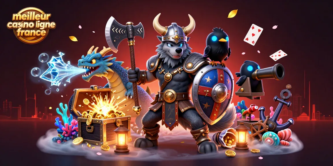 Rencontrez le meilleur casino en ligne France avec un loup viking et un dragon en 3D, entourés de trésors et de jeux.