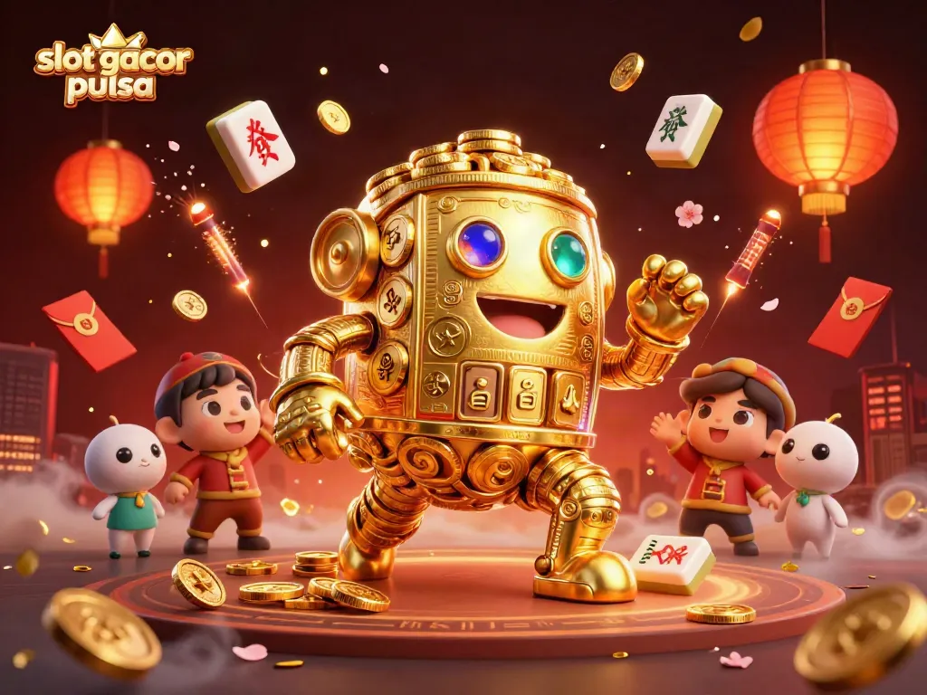 Engage in vibrant slot gacor pulsa action with golden golems and festive decorations in this dynamic illustration.
