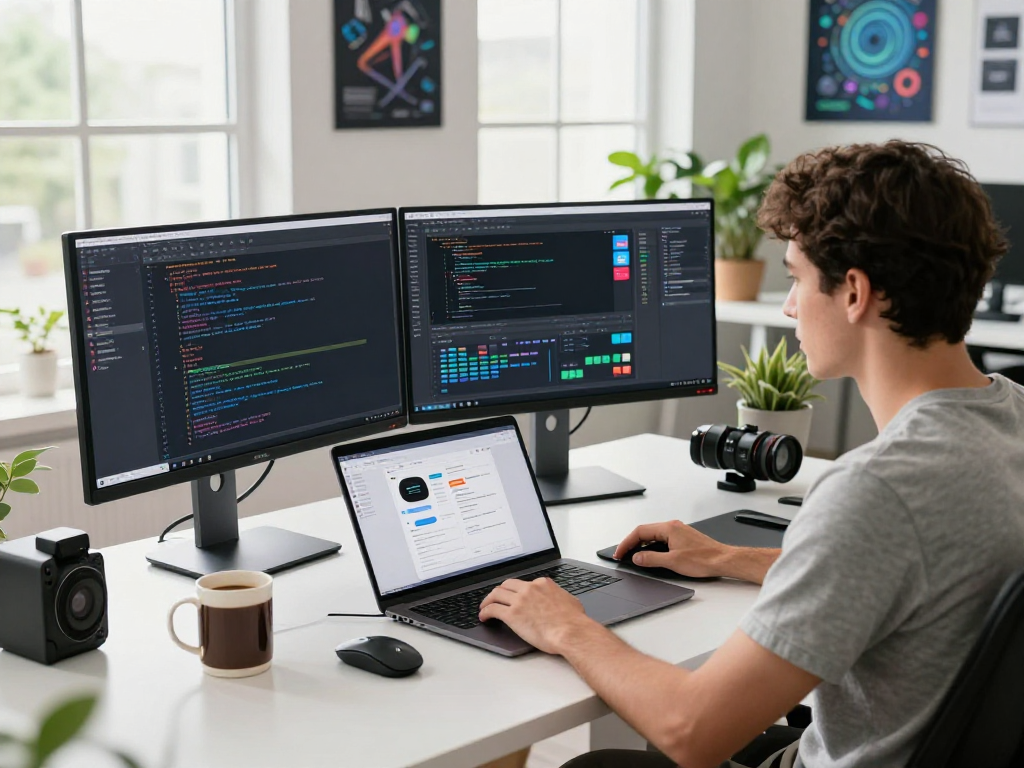 Developer working at a modern workstation focusing on net88 software development, showcasing coding tools and vibrant workspace elements.