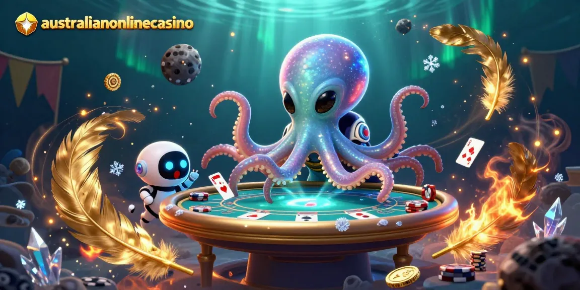 Engaging poker scene featuring a cartoon alien octopus and robot at australianonlinecasino.