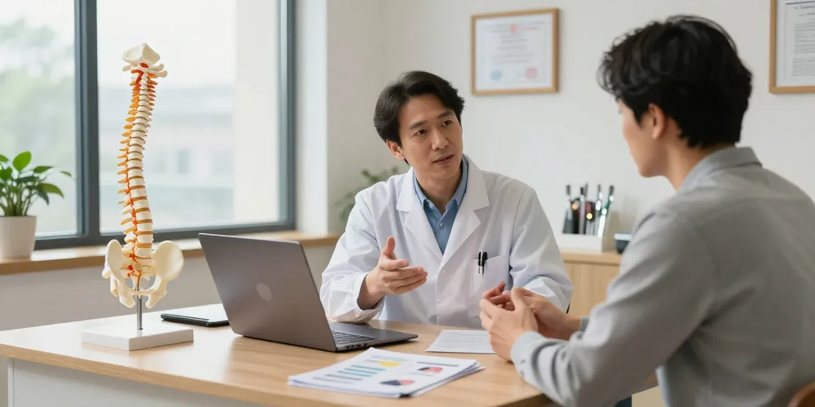Bel kayması ameliyatı consultation with surgeon and patient in a modern clinical setting.