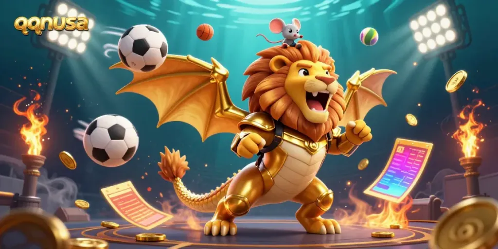 Experience the thrilling gambling action of qqnusa with a majestic chimera and dynamic sports elements in this vibrant digital illustration.