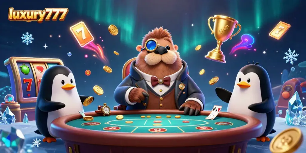 Play exciting slot games with luxury777 featuring a jolly walrus in a Victorian outfit at an underwater poker table.