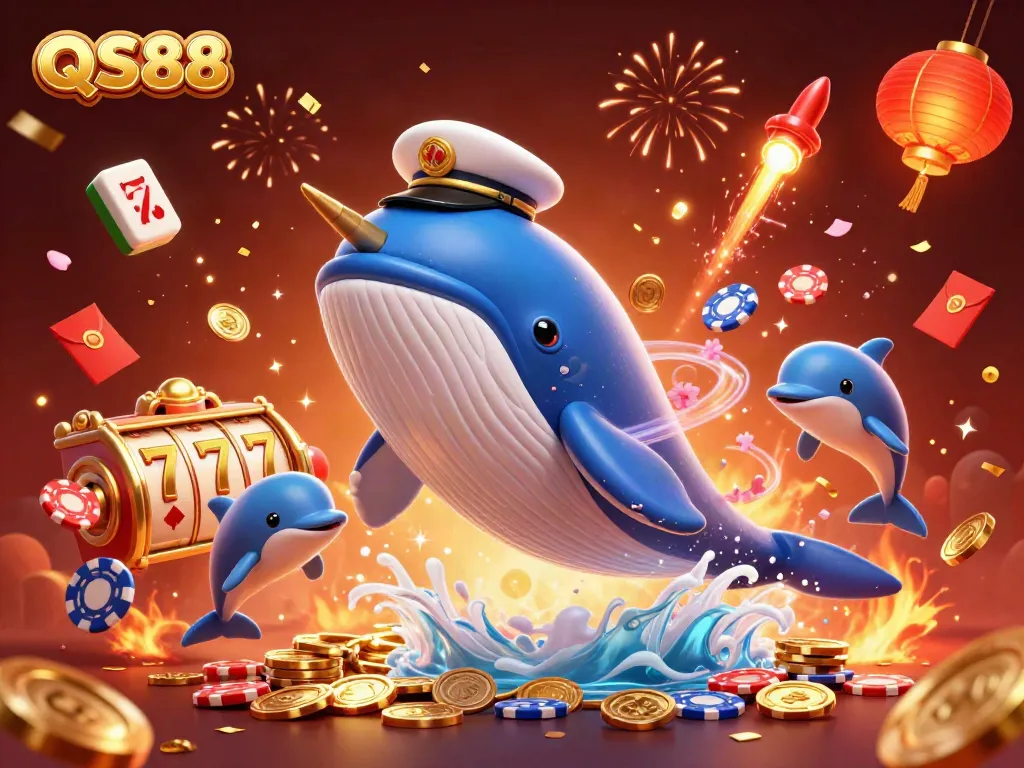 Experience the excitement of QS88 with whales and dolphins in a vibrant casino scene.