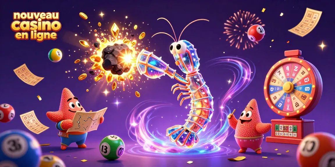 Illustre un nouveau casino en ligne avec des éléments de jeux animés et une atmosphère festive.