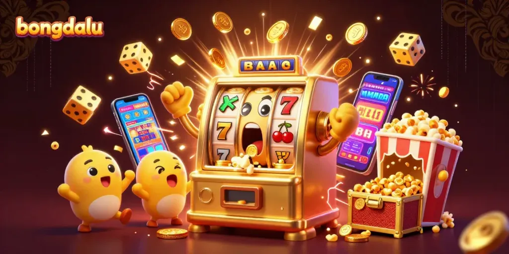 Bongdalu jackpot celebration scene with a golden slot machine winning and baby slot machines cheering