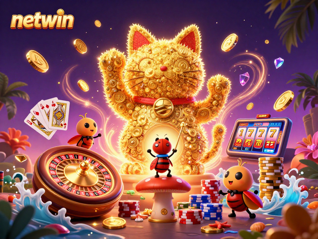 Engage in thrilling activities with netwin, showcasing a vibrant lucky cat and casino symbols in 3D art.