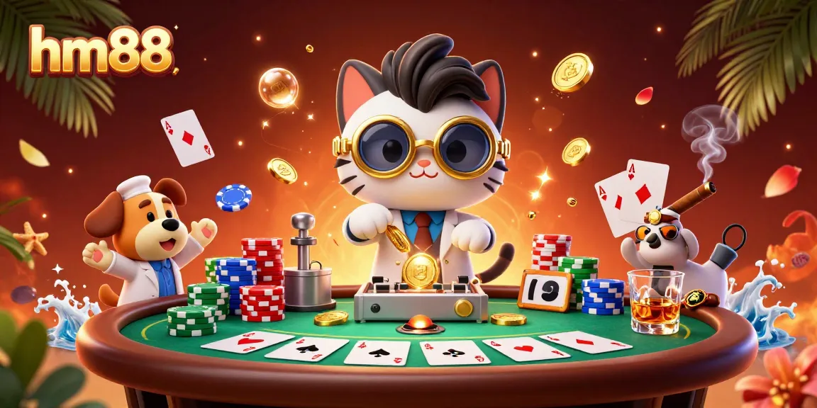 Experience thrilling gaming at hm88 with a lively scene of a mad scientist cat and assistant creating gold coins at a poker table.