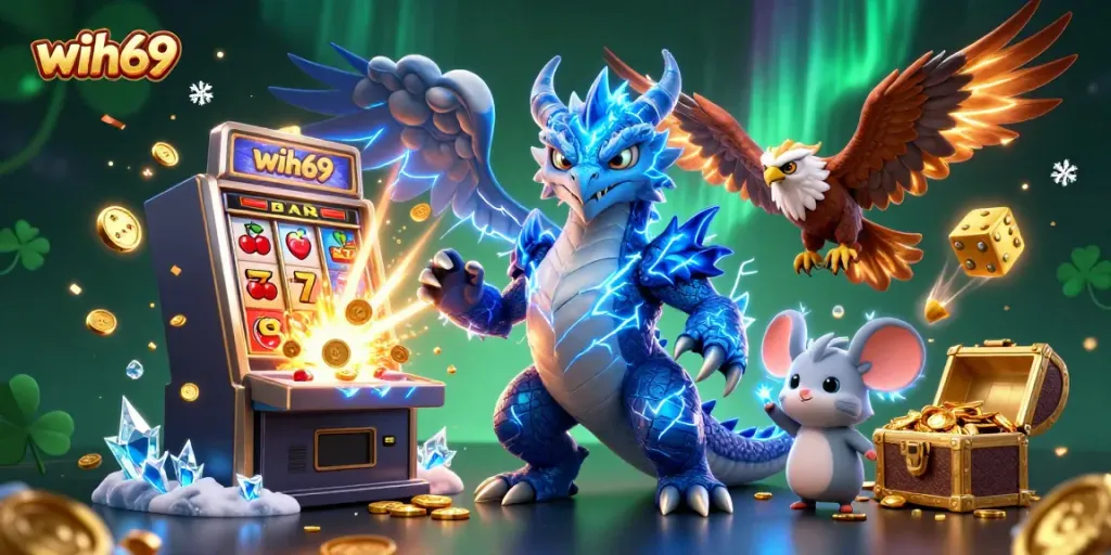 Ilustrasi 3D fantastis wih69 dengan naga petir dan elemen kasino, penuh warna dan detail