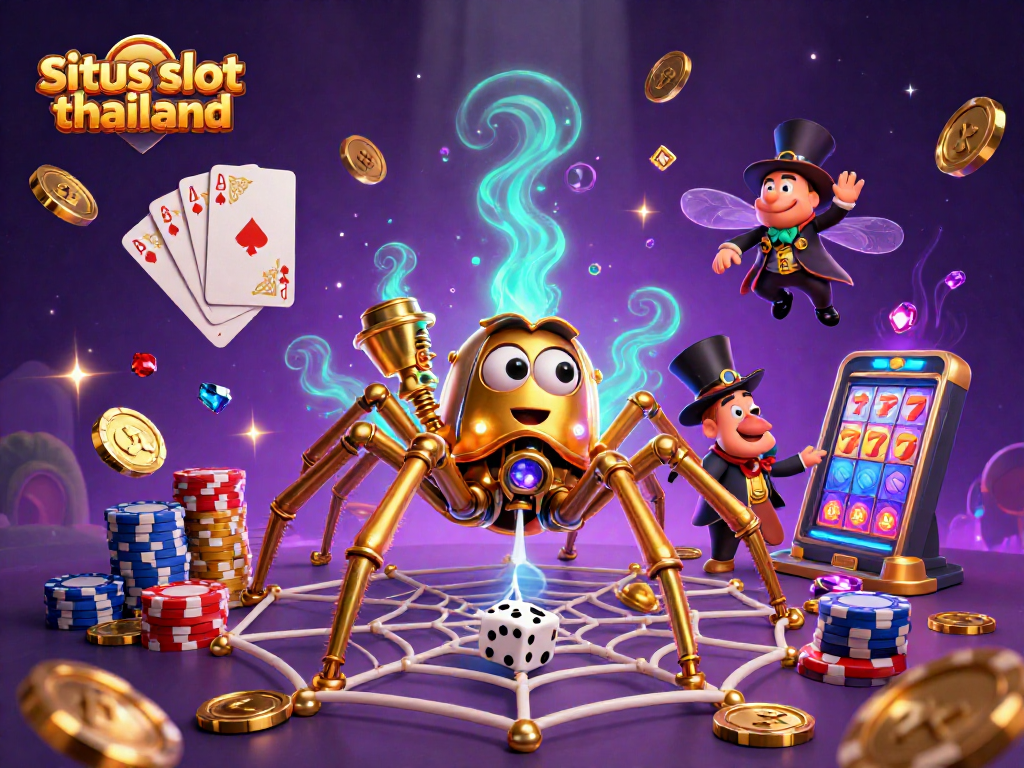 Engage in situs slot thailand with a thrilling 3D illustration of steampunk elements and casino excitement.