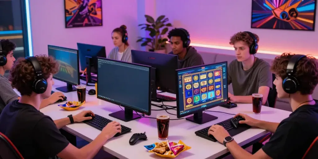 Pengalaman bermain slot777 secara online dengan kelompok gamer muda dalam suasana seru di ruang tamu.