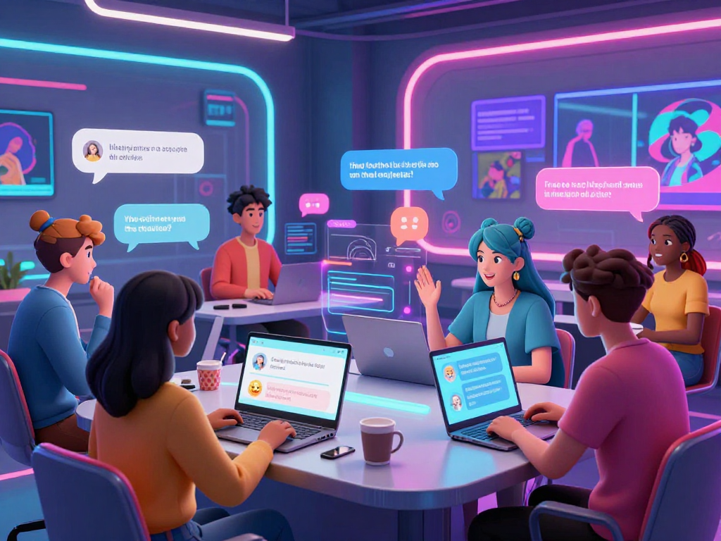 Interactive users engaging in AI hentai chat with vibrant avatars in a futuristic digital room.